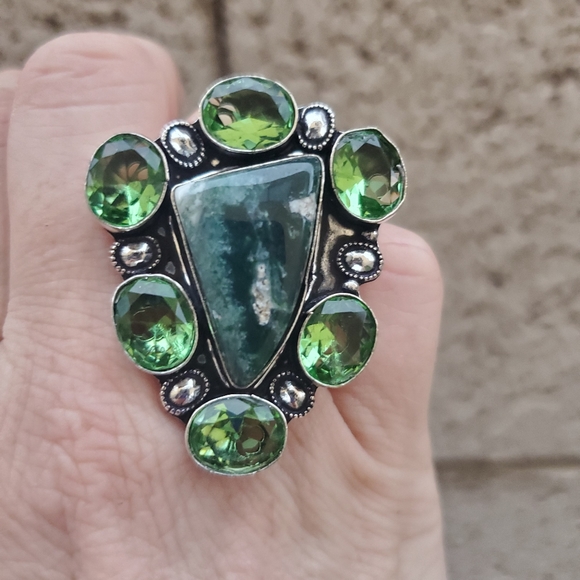 New Oversized Indian Moss Agate & Tsavorite 925 Silver Statement Ring. - Picture 11 of 16